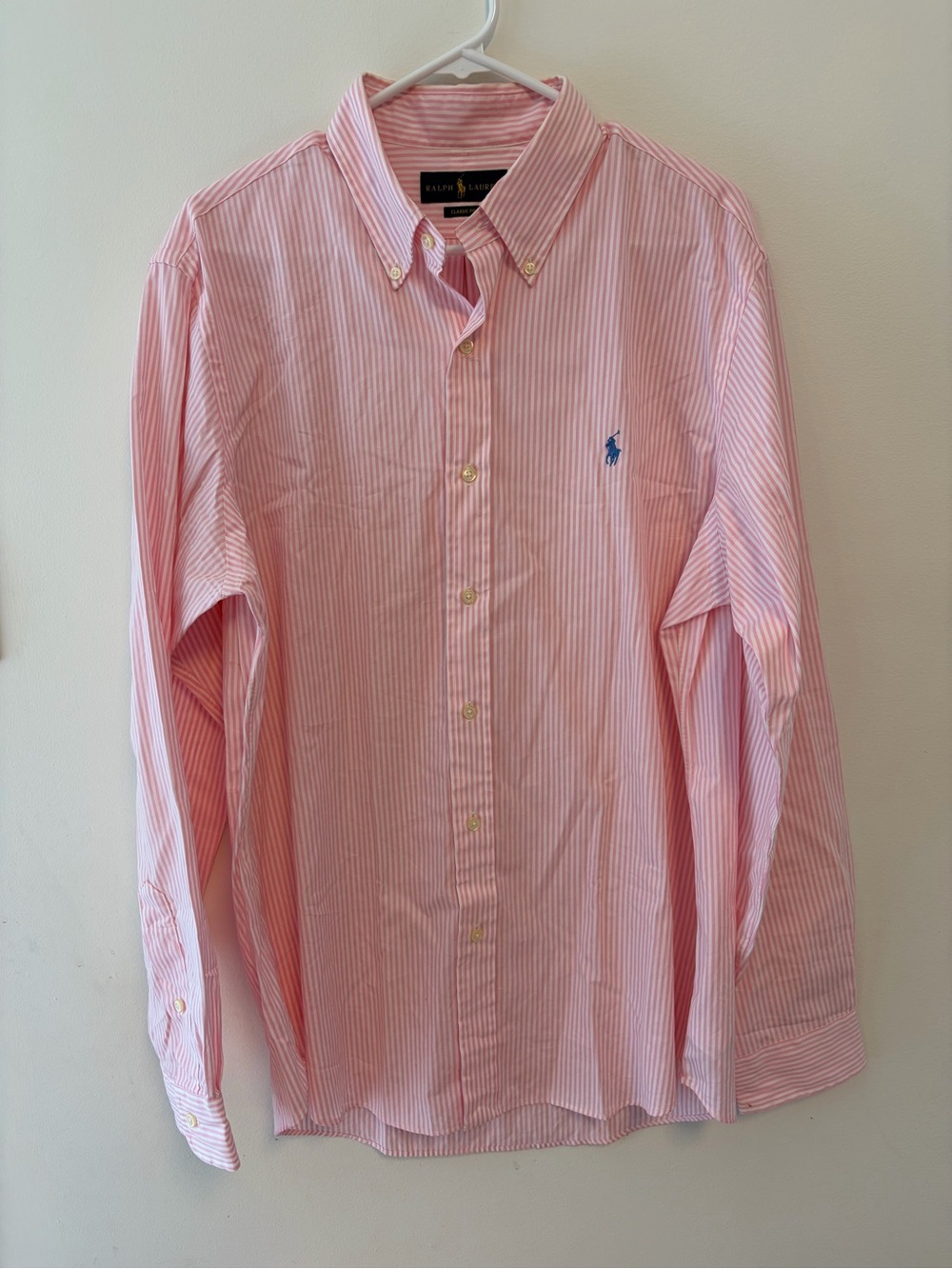 Ralph Lauren Men’s Classic Fit Striped Collared Shirt Pink White Polo Logo Large